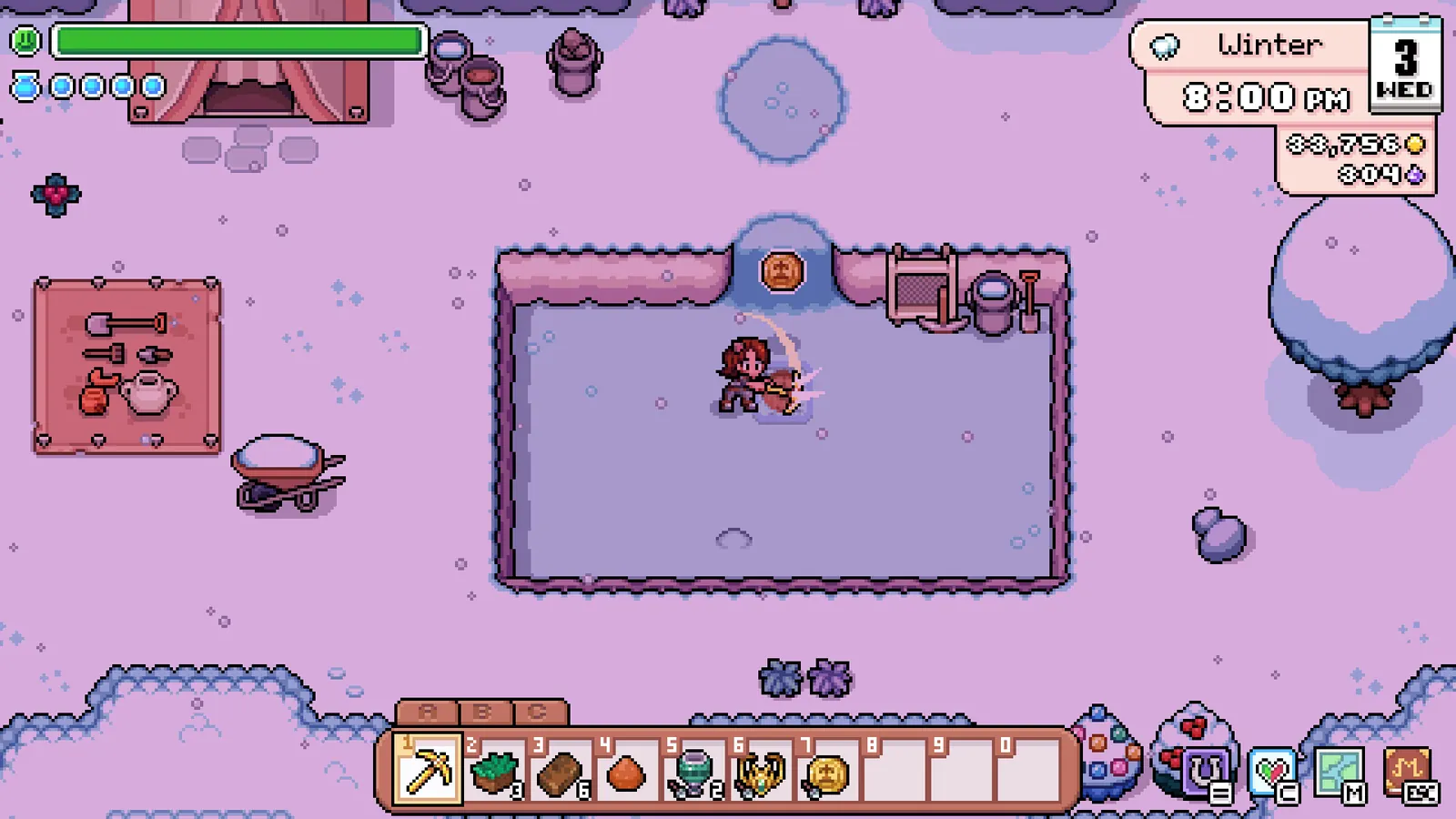 Screenshot of the ornate purple bathhouse interior in Fields of Mistria