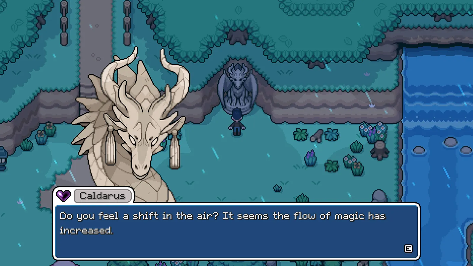 Screenshot of a white dragon resting among ancient ruins above the water in Fields of Mistria