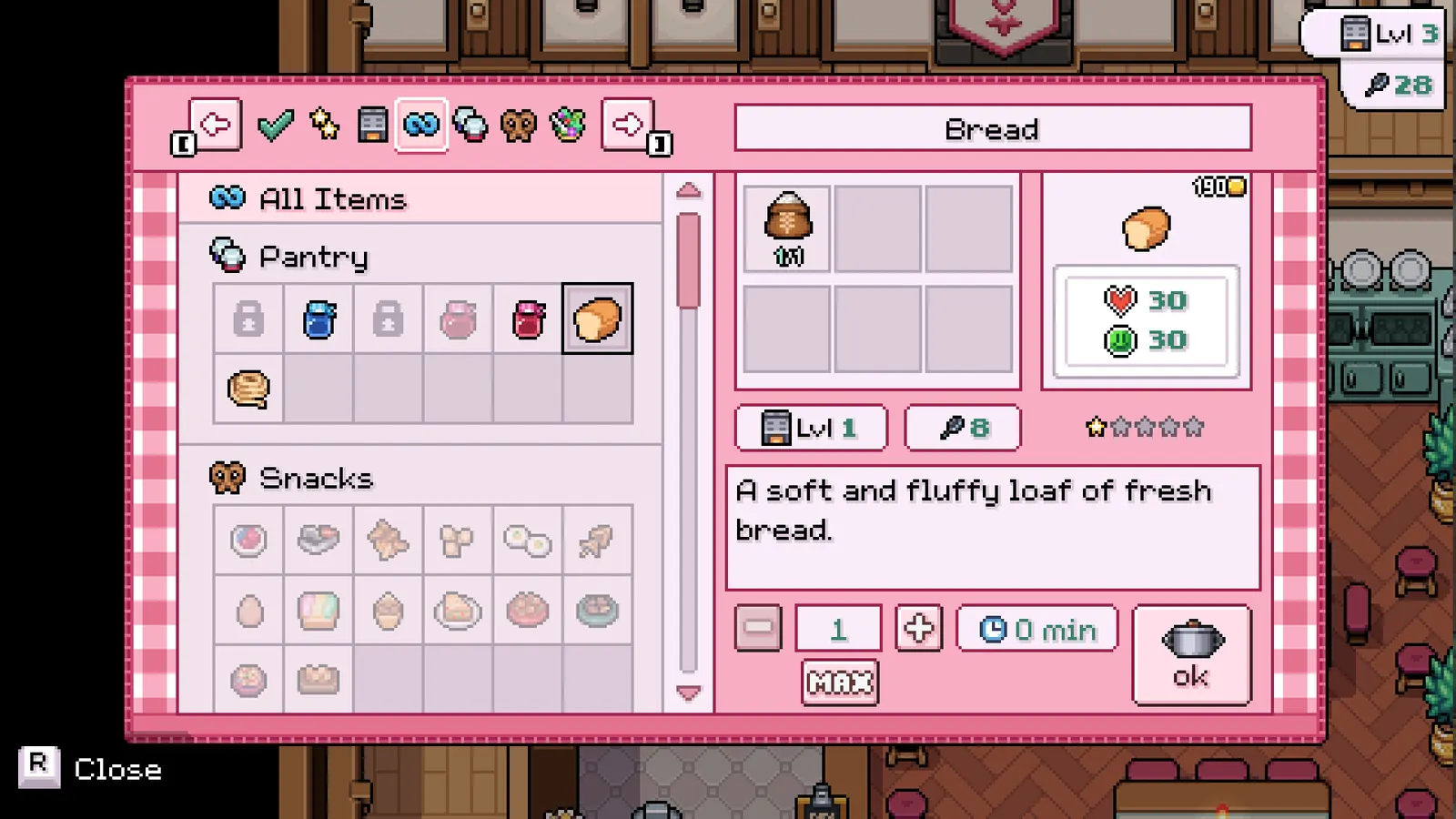 Screenshot of the collection and equipment menu in Fields of Mistria