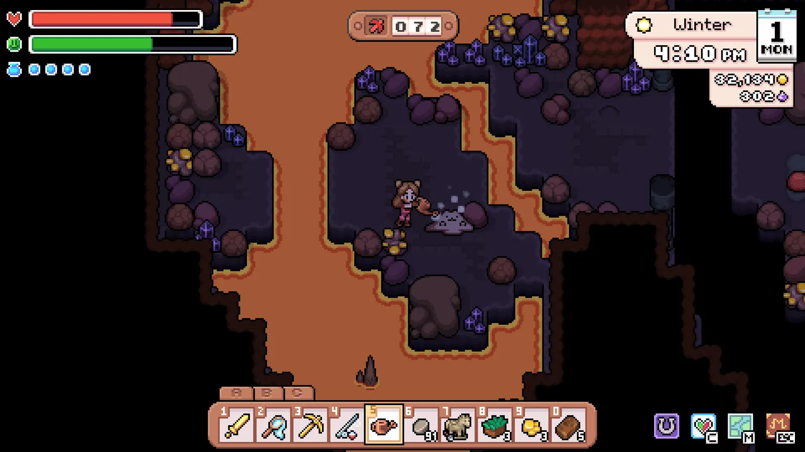 Screenshot of a dark earthen cave with digging spots in Fields of Mistria