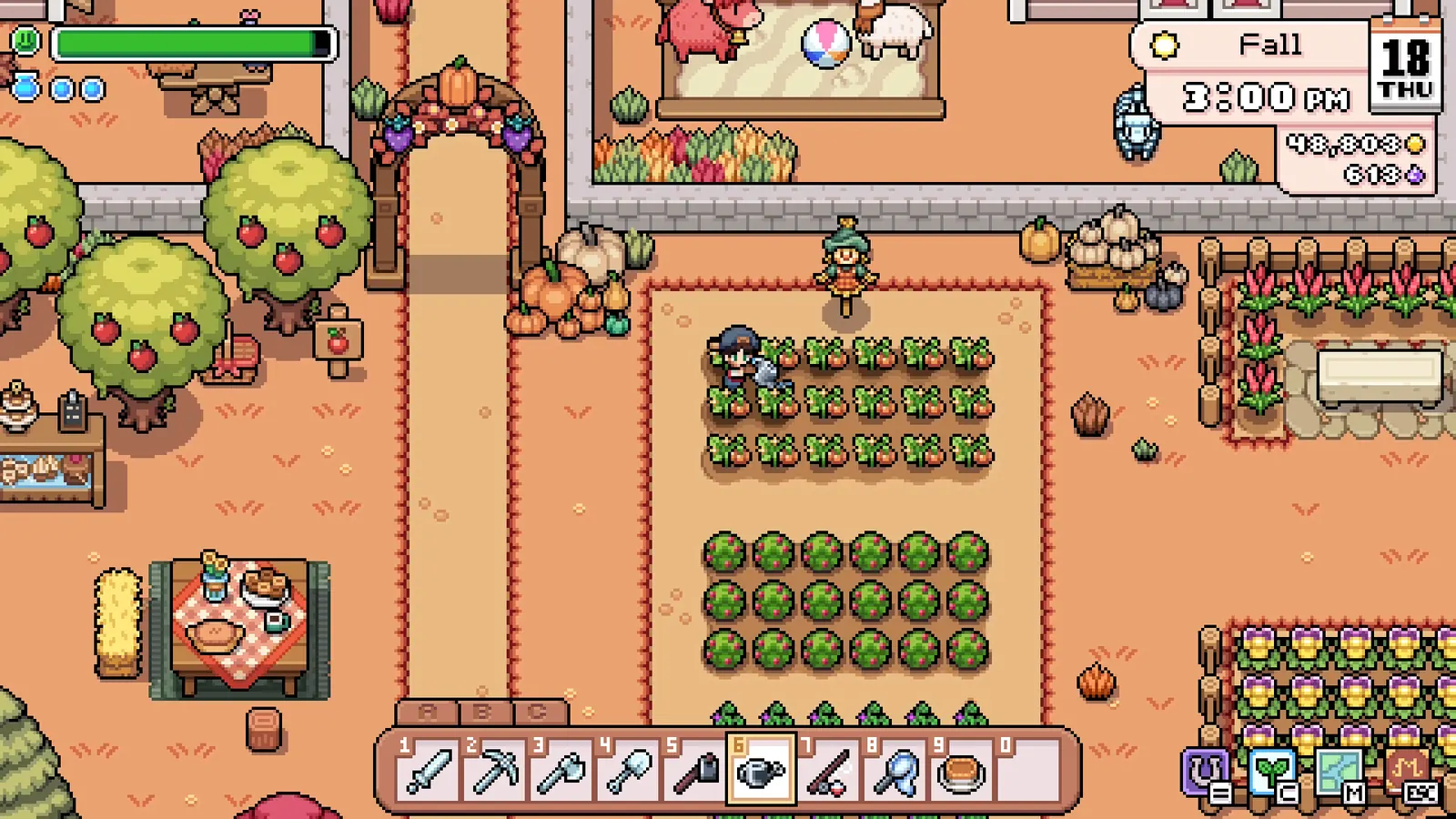 Screenshot of the autumn market square with flower-decorated stalls in Fields of Mistria