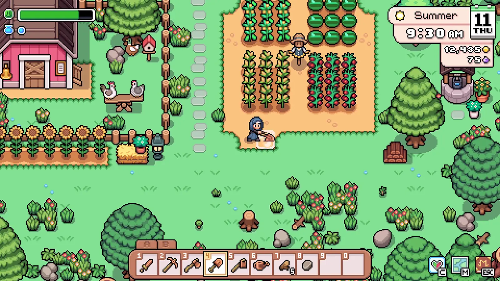 Screenshot of a Fields of Mistria farm with fields, a house, and outbuildings