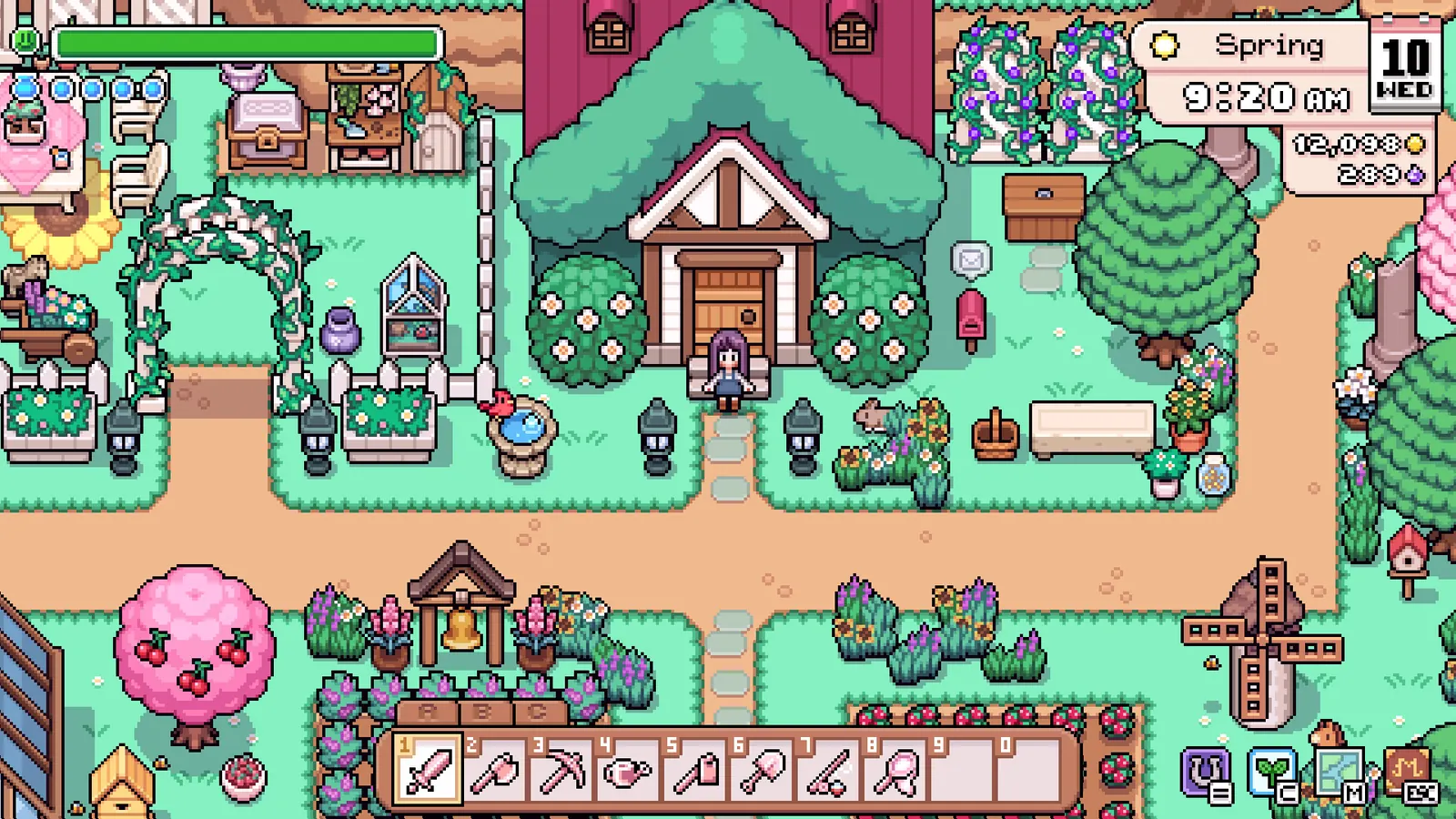 Screenshot of an upgraded farmhouse with landscaped gardens in Fields of Mistria