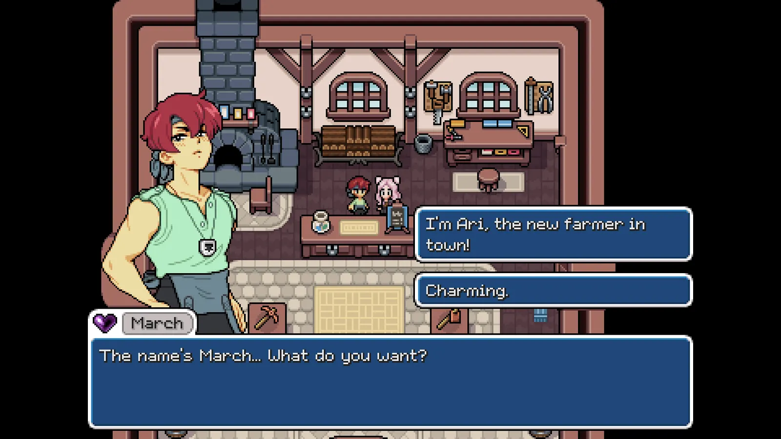 Screenshot of a character conversation at the inn counter in Fields of Mistria