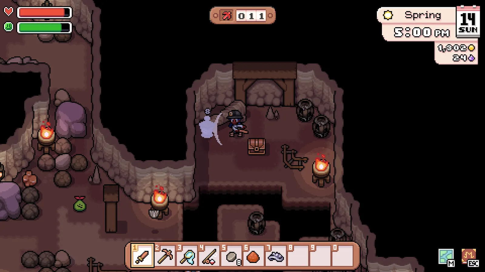 Screenshot of the torch-lit Mines in Fields of Mistria