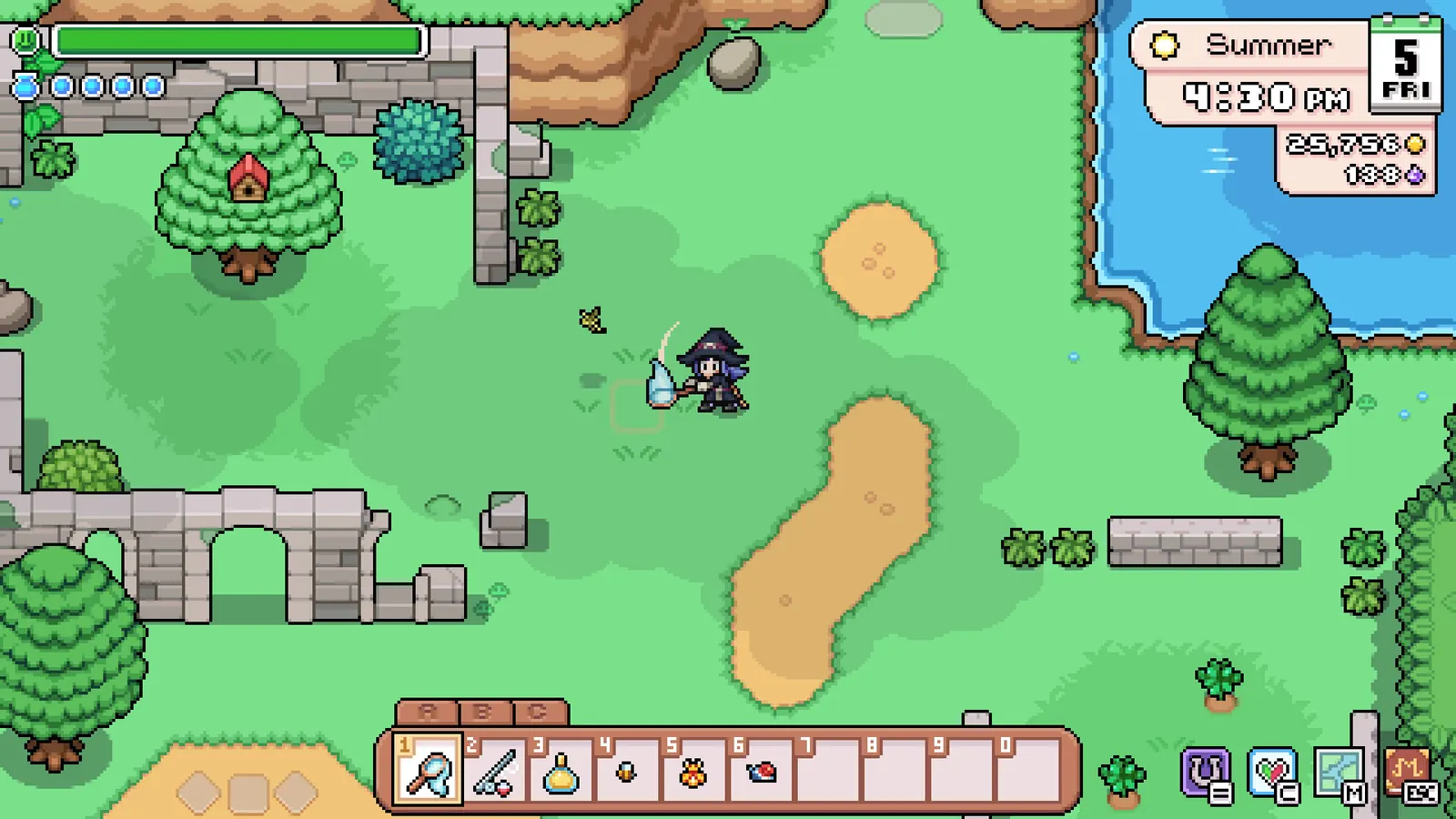 Screenshot of overgrown stone ruins beside a river in Fields of Mistria
