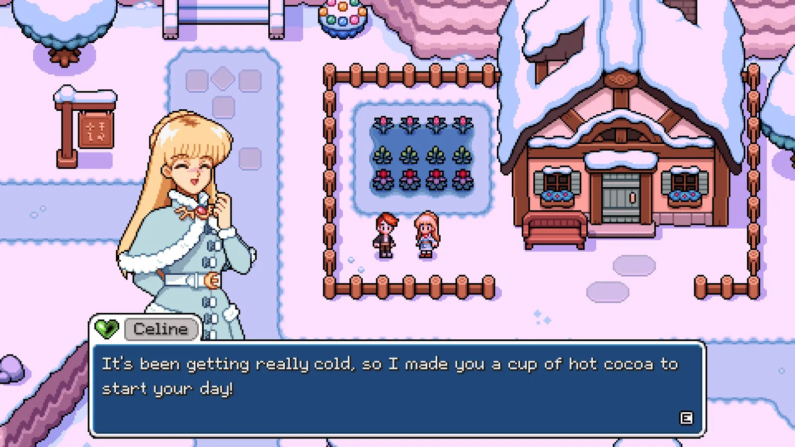 Screenshot of a snowy winter day in Fields of Mistria with a villager conversation