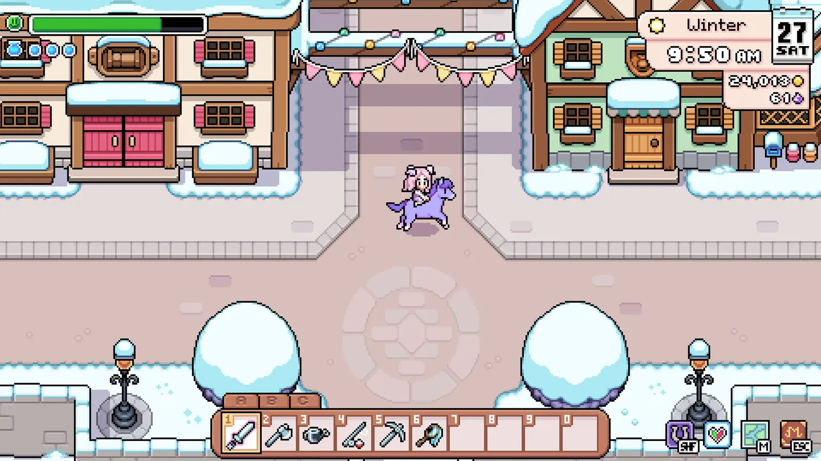 Screenshot of the snowy town square with market stalls in Fields of Mistria